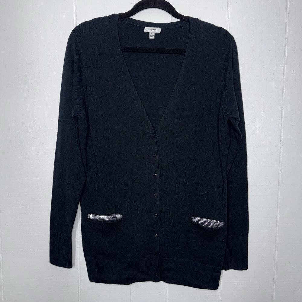 Cache Women’s Black Cardigan Sweater Silver Pocket Detail Size Large